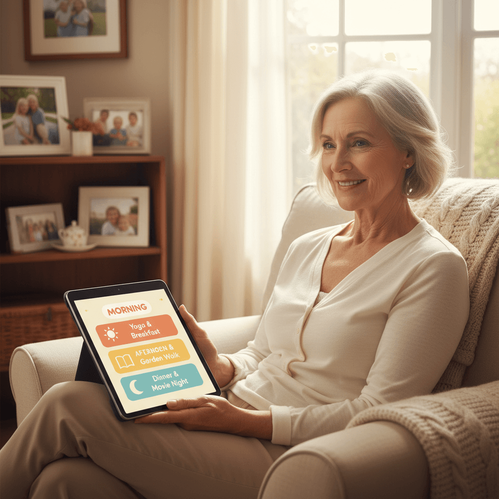 Senior reviewing personalized weekly schedule on tablet
