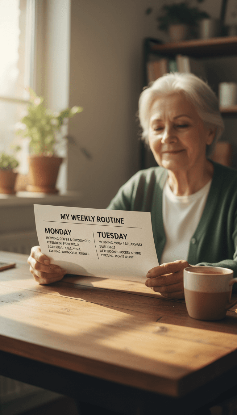 Senior reviewing a printed NextChapter weekly routine schedule at home